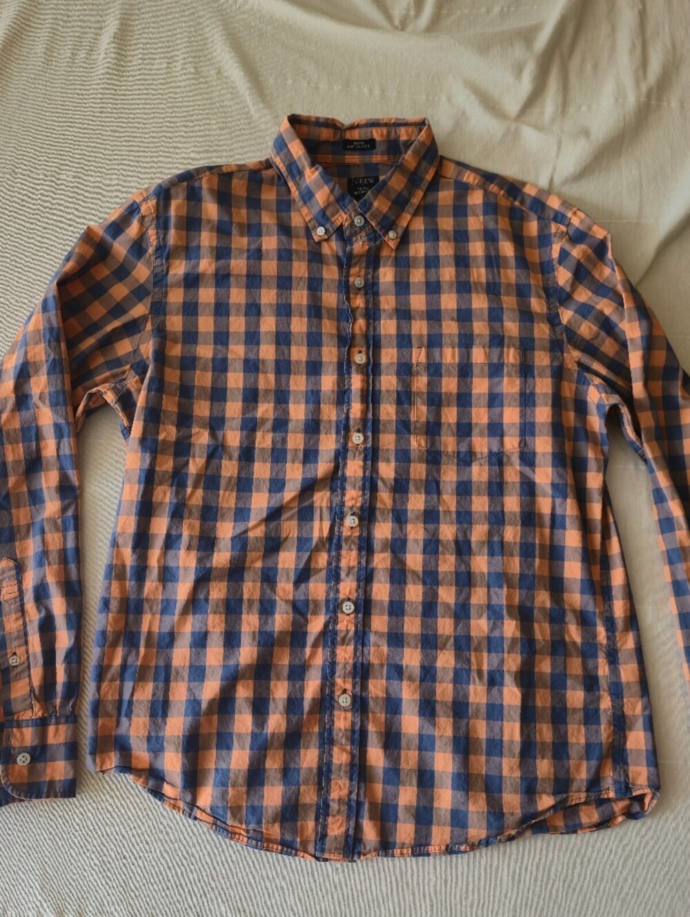 J.Crew Slim Untucked Flex Washed Orange and Blue Check Button-Down Shirt Large